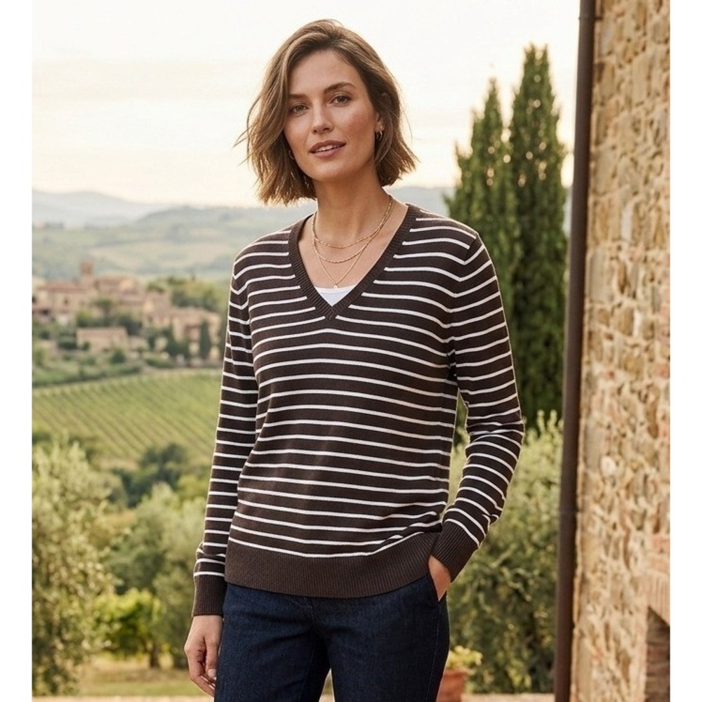 Lands End Striped V-Neck Sweater Women L/P 14-16 Nautical Cotton Preppy Hongkong